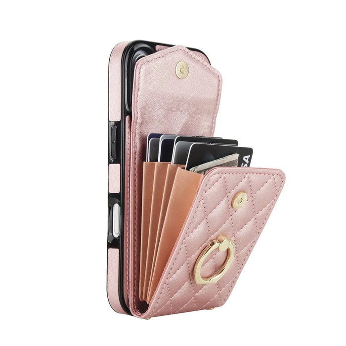 For iPhone 17 Case RFID Blocking Card Bag Leather + TPU Crossbody Phone Cover with Ring Kickstand - Rose Gold - 2