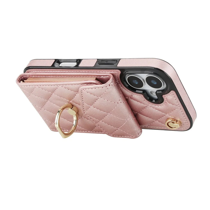 For iPhone 17 Case RFID Blocking Card Bag Leather + TPU Crossbody Phone Cover with Ring Kickstand - Rose Gold - 3