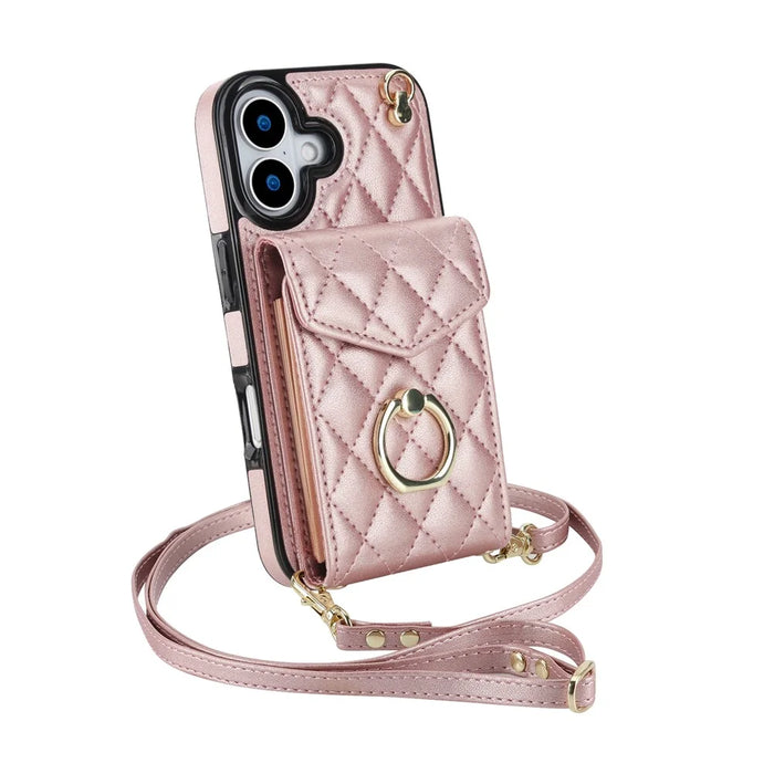For iPhone 17 Case RFID Blocking Card Bag Leather + TPU Crossbody Phone Cover with Ring Kickstand - Rose Gold - 4