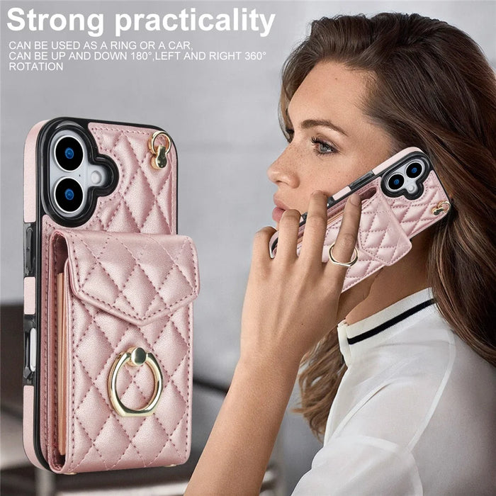 For iPhone 17 Case RFID Blocking Card Bag Leather + TPU Crossbody Phone Cover with Ring Kickstand - Rose Gold - 6