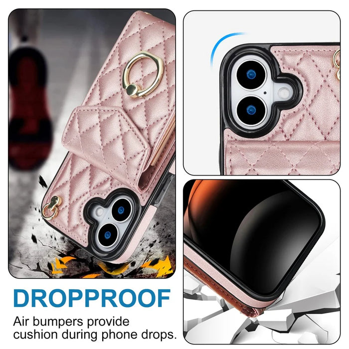 For iPhone 17 Case RFID Blocking Card Bag Leather + TPU Crossbody Phone Cover with Ring Kickstand - Rose Gold - 7
