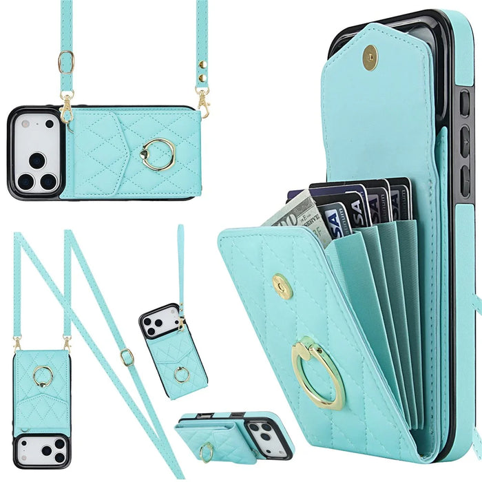 For iPhone 17 Pro Max Case RFID Blocking Card Bag Leather + TPU Crossbody Phone Cover with Ring Kickstand - Mint Green - 1