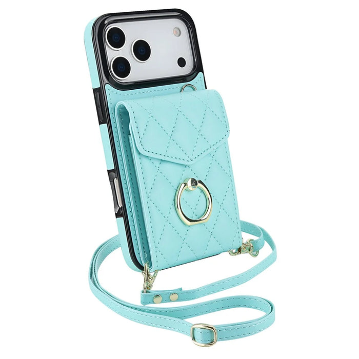 For iPhone 17 Pro Max Case RFID Blocking Card Bag Leather + TPU Crossbody Phone Cover with Ring Kickstand - Mint Green - 4