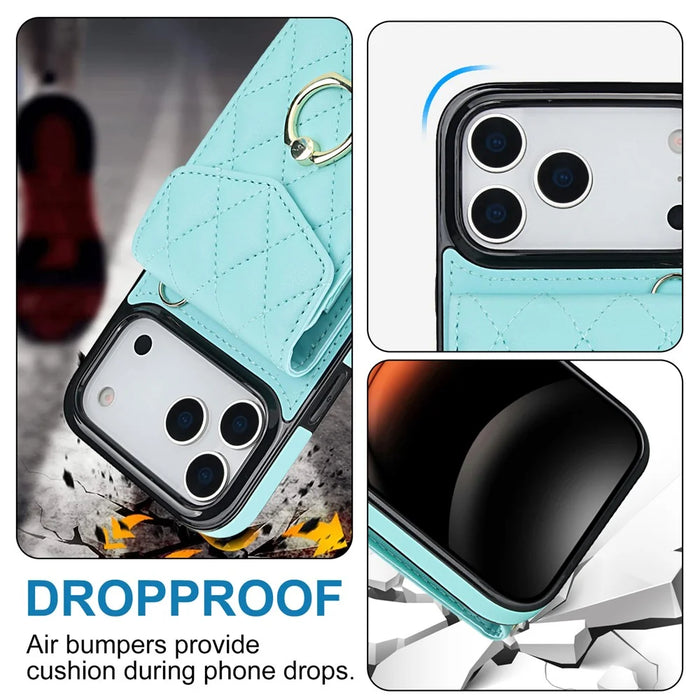 For iPhone 17 Pro Max Case RFID Blocking Card Bag Leather + TPU Crossbody Phone Cover with Ring Kickstand - Mint Green - 7