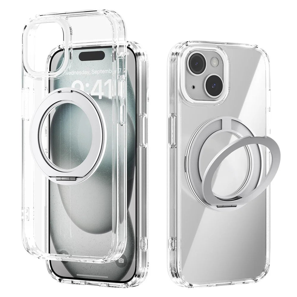 ABEEL Q-LUCK For iPhone 13 Magnetic Case Rotating Kickstand Shockproof TPU + PC Phone Back Cover - Silver - 1
