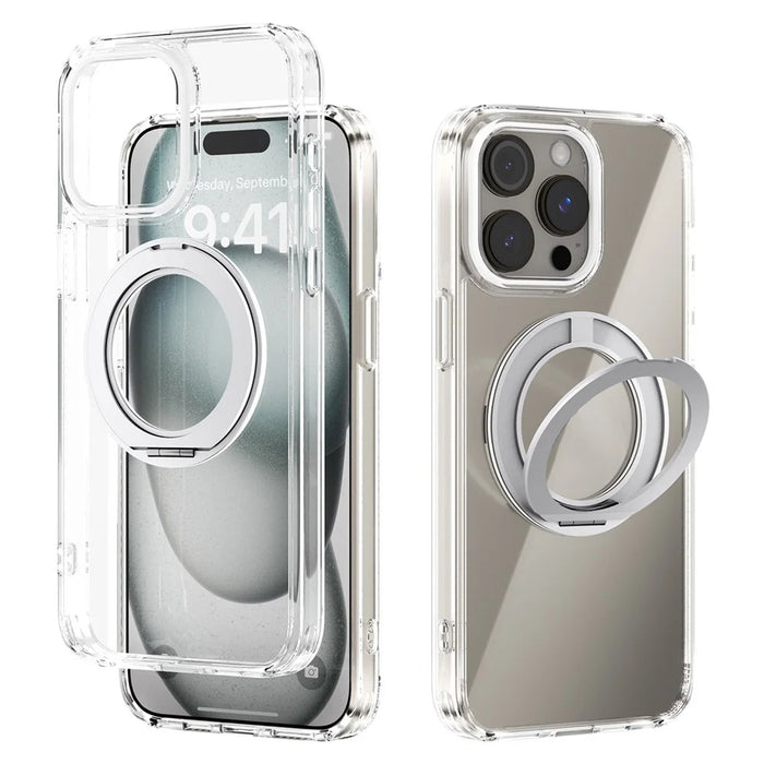 ABEEL Q-LUCK For iPhone 15 Pro Max Magnetic Case Rotating Kickstand Shockproof TPU + PC Phone Back Cover - Silver - 1