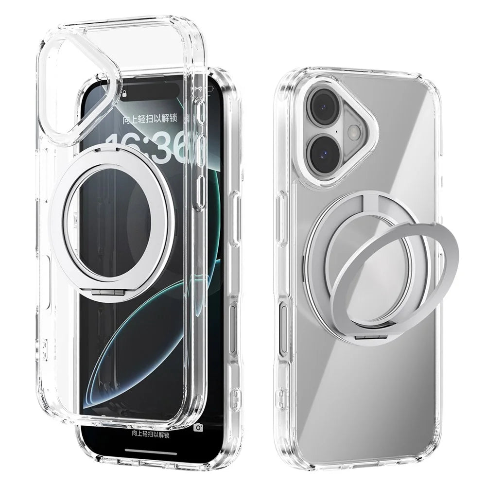 ABEEL Q-LUCK For iPhone 16 Magnetic Case Rotating Kickstand Shockproof TPU + PC Phone Back Cover - Silver - 1