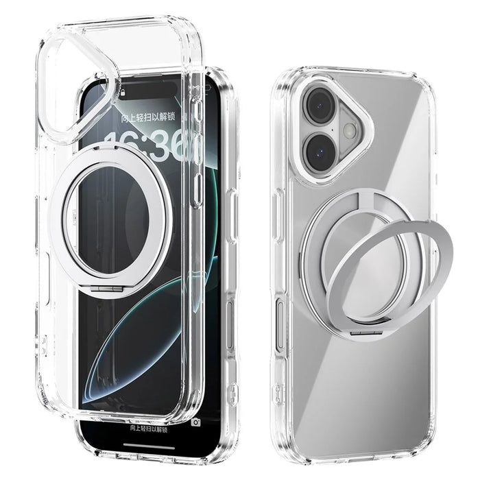 ABEEL Q-LUCK For iPhone 16 Magnetic Case Rotating Kickstand Shockproof TPU + PC Phone Back Cover - Silver - 1