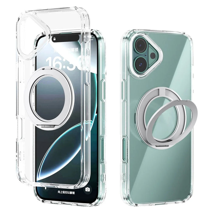ABEEL Q-LUCK For iPhone 16 Plus Magnetic Case Rotating Kickstand Shockproof TPU + PC Phone Back Cover - Silver - 1