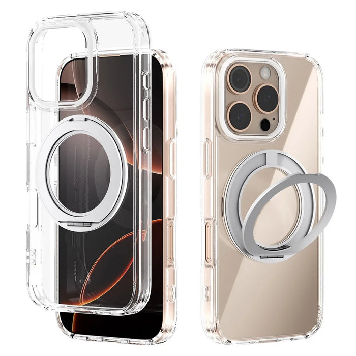 ABEEL Q-LUCK For iPhone 16 Pro Magnetic Case Rotating Kickstand Shockproof TPU + PC Phone Back Cover - Silver - 1
