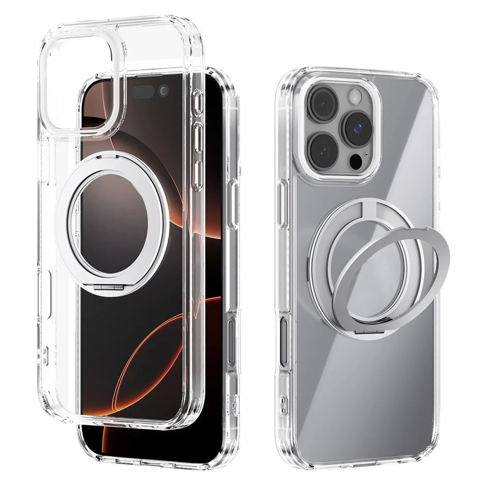 ABEEL Q-LUCK For iPhone 16 Pro Max Magnetic Case Rotating Kickstand Shockproof TPU + PC Phone Back Cover - Silver - 1