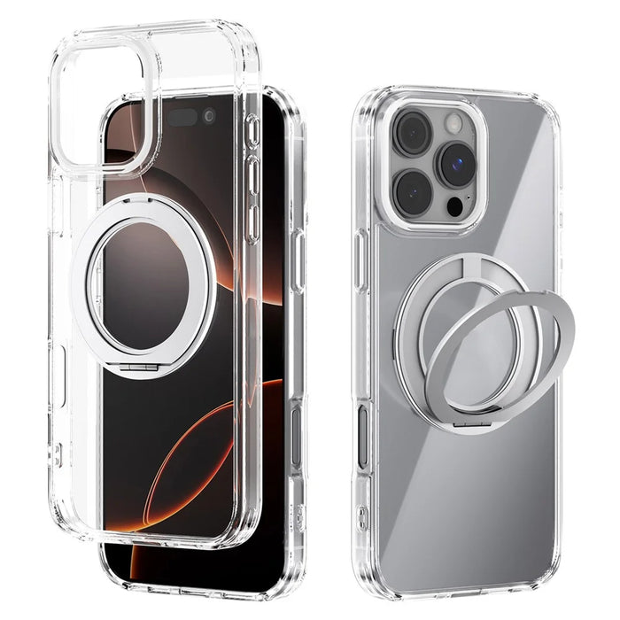 ABEEL Q-LUCK For iPhone 16 Pro Max Magnetic Case Rotating Kickstand Shockproof TPU + PC Phone Back Cover - Silver - 1