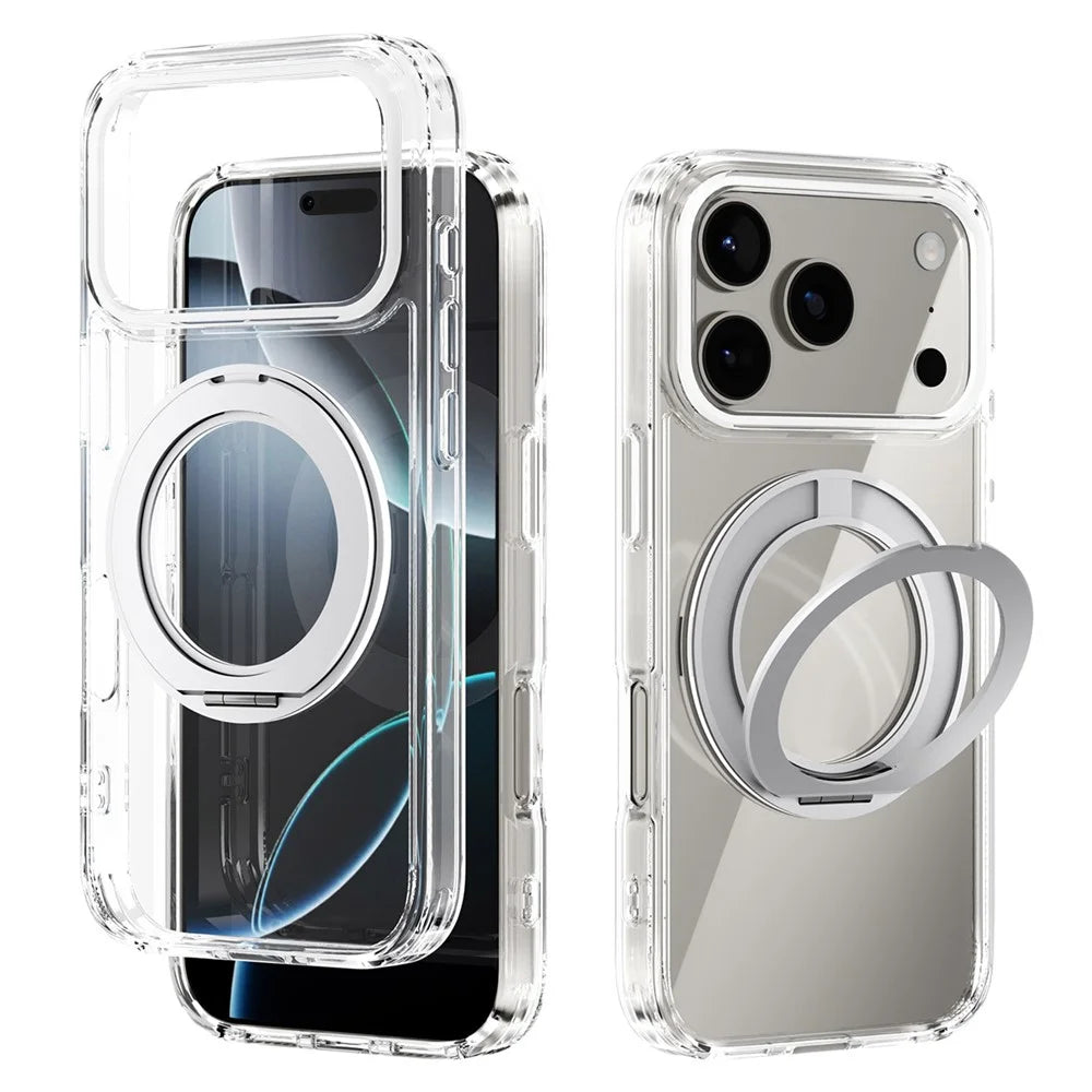 ABEEL Q-LUCK For iPhone 17 Pro Magnetic Case Rotating Kickstand Shockproof TPU + PC Phone Back Cover - Silver - 1