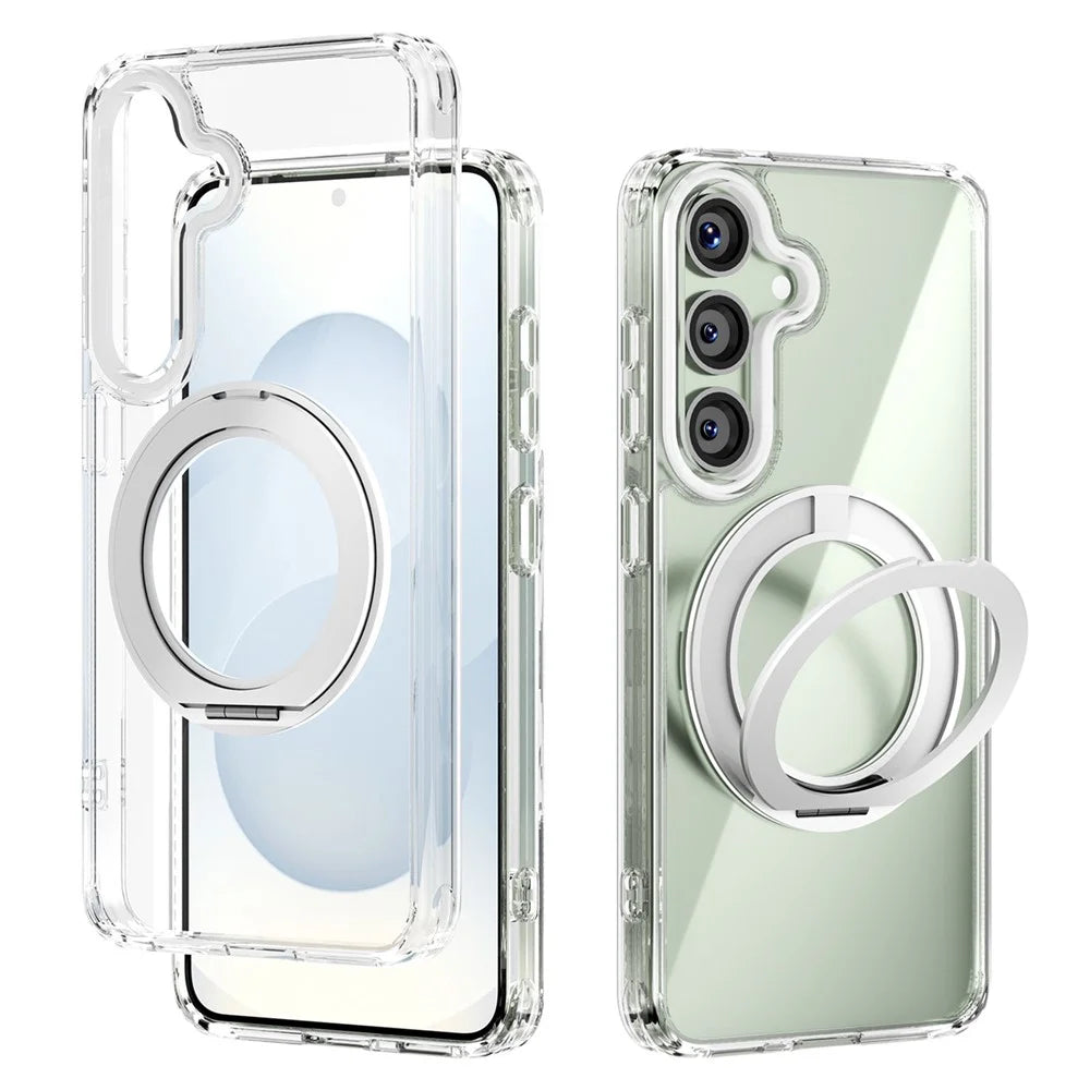 ABEEL Q-LUCK For Samsung Galaxy S25 Magnetic Case Rotating Kickstand Shockproof TPU + PC Phone Back Cover - Silver - 1