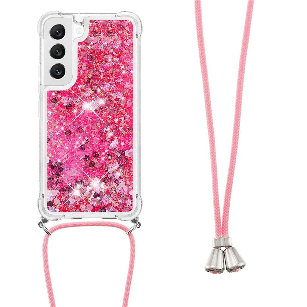For Samsung Galaxy S23+ TPU Case Quicksand Design Phone Cover with Lanyard - Pink  /  Hearts - 2