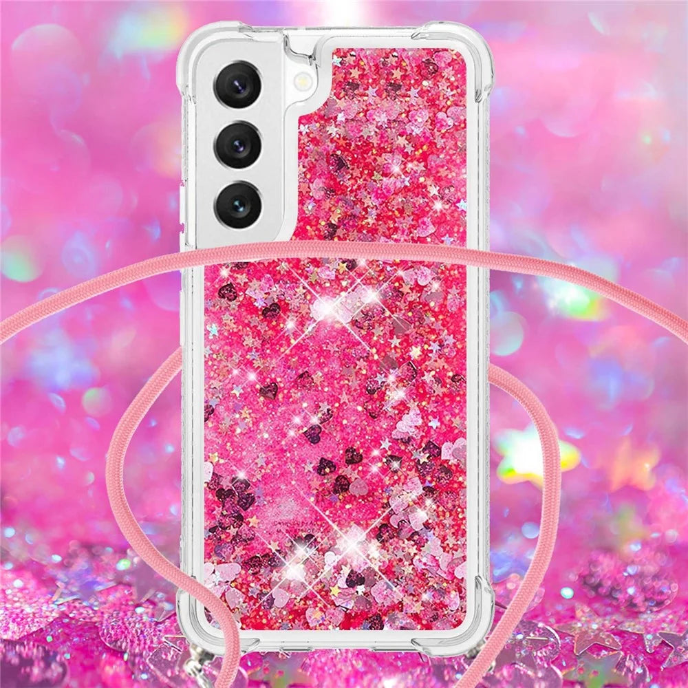 For Samsung Galaxy S23+ TPU Case Quicksand Design Phone Cover with Lanyard - Pink  /  Hearts - 4