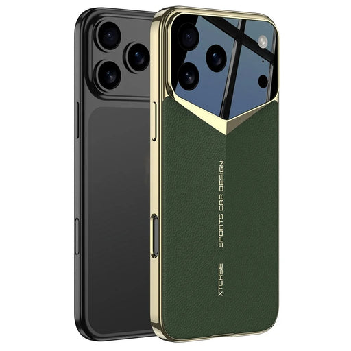 GKK For iPhone 17 Pro Max Case Matte Leather Coated PC Phone Cover with Electroplated Golden Edge - Green - 1