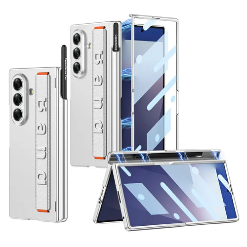 GKK For Samsung Galaxy Z Fold7 5G Case Magnetic Hinge Wristband PC Phone Cover with Tempered Glass Screen Film  /  Pen Slot - Silver - 1