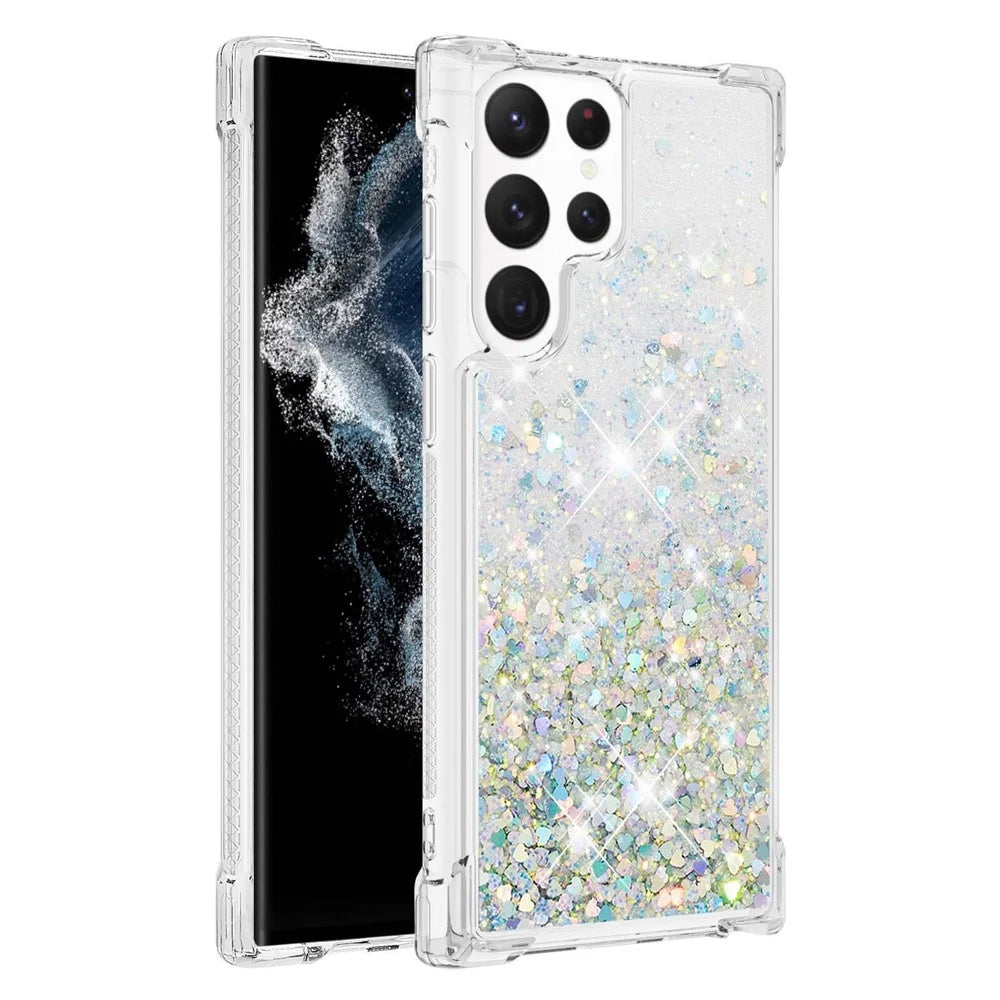 For Samsung Galaxy S23 Ultra TPU Case Glitter Quicksand Shockproof Phone Back Cover - Silver  /  Hearts - 1