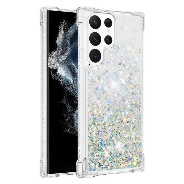 For Samsung Galaxy S23 Ultra TPU Case Glitter Quicksand Shockproof Phone Back Cover - Silver  /  Hearts - 1