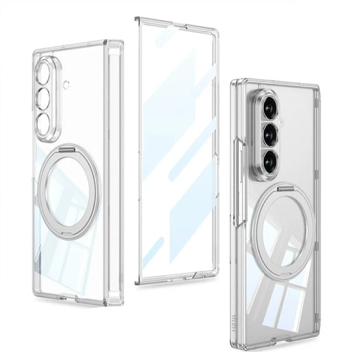 GKK For Samsung Galaxy Z Fold7 5G Magnetic Case Rotary Kickstand PC Clear Phone Cover with Tempered Glass Screen Film - Transparent - 1