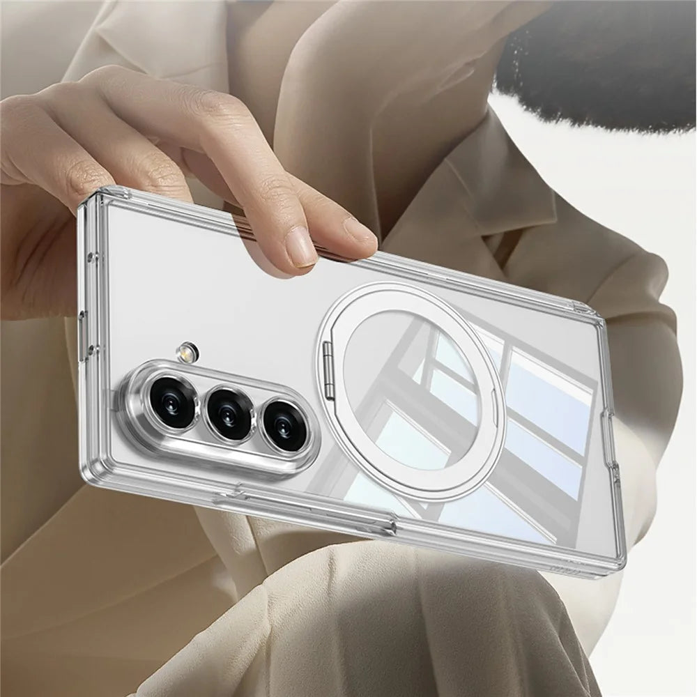 GKK For Samsung Galaxy Z Fold7 5G Magnetic Case Rotary Kickstand PC Clear Phone Cover with Tempered Glass Screen Film - Transparent - 5