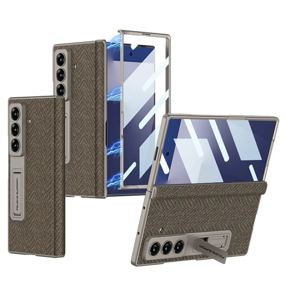 GKK For Samsung Galaxy Z Fold7 5G Case Magnetic Hinge Kickstand Nylon Coated PC Phone Cover with Tempered Glass Screen Film - Brown - 1