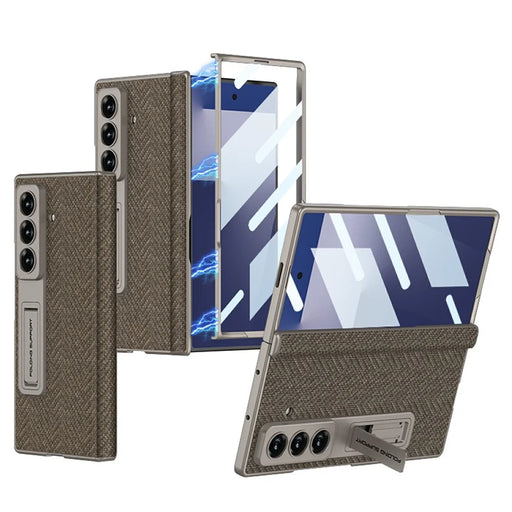 GKK For Samsung Galaxy Z Fold7 5G Case Magnetic Hinge Kickstand Nylon Coated PC Phone Cover with Tempered Glass Screen Film - Brown - 1