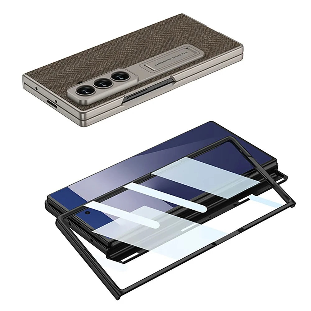 GKK For Samsung Galaxy Z Fold7 5G Case Magnetic Hinge Kickstand Nylon Coated PC Phone Cover with Tempered Glass Screen Film - Brown - 3