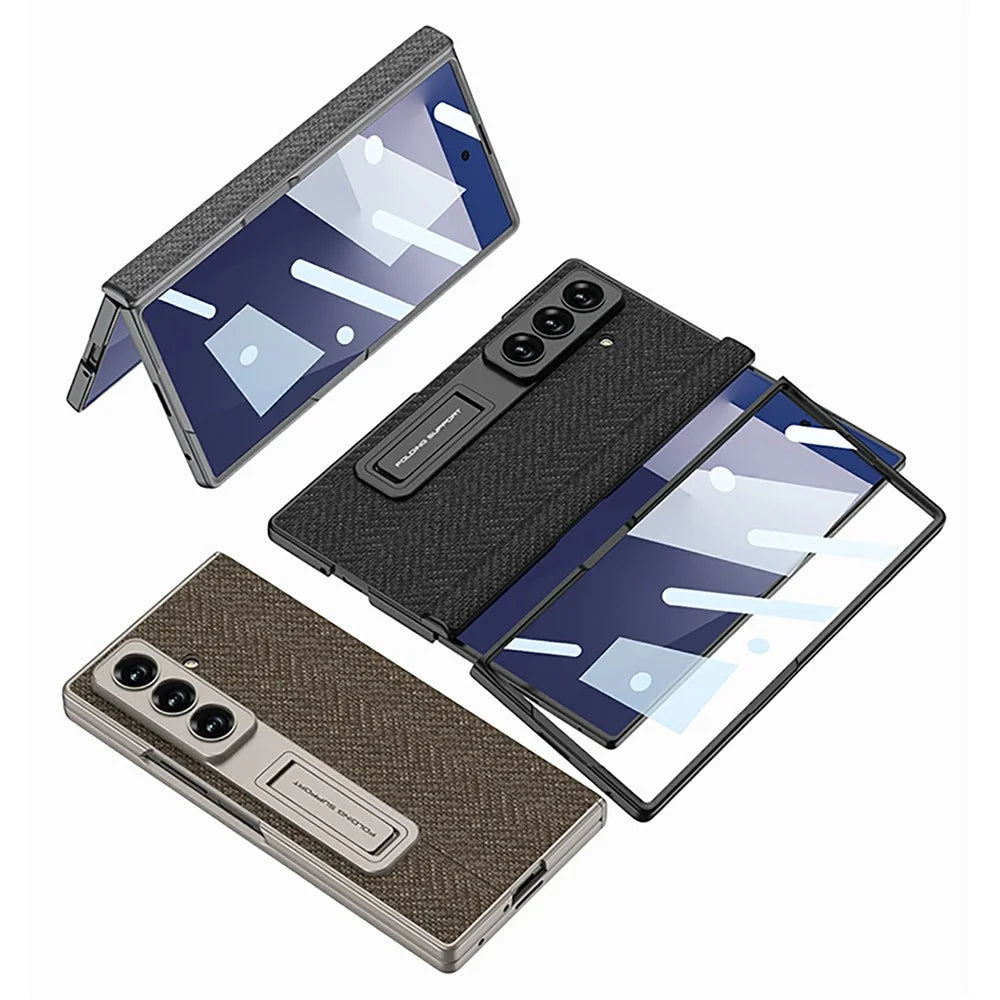 GKK For Samsung Galaxy Z Fold7 5G Case Magnetic Hinge Kickstand Nylon Coated PC Phone Cover with Tempered Glass Screen Film - Brown - 5