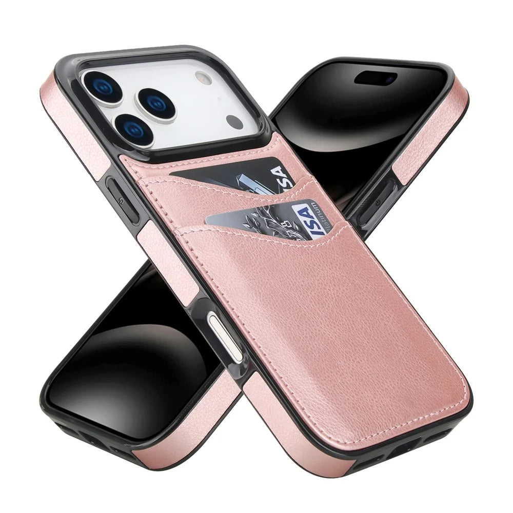 For iPhone 17 Pro Max Case Card Slot Slim-Fit PU + TPU Mobile Cover - Rose Gold - 1