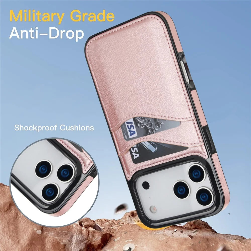 For iPhone 17 Pro Max Case Card Slot Slim-Fit PU + TPU Mobile Cover - Rose Gold - 4