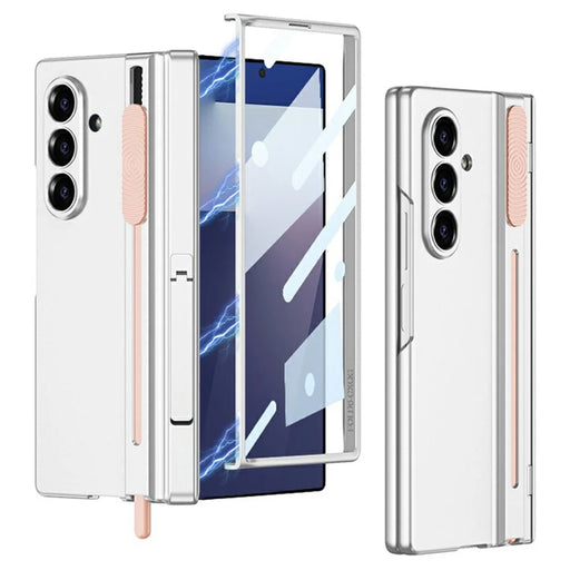 GKK For Samsung Galaxy Z Fold7 5G Case Kickstand Magnetic Hinge PC Phone Cover with Tempered Glass Screen Film / Stylus - Silver / Pink Stylus - 1