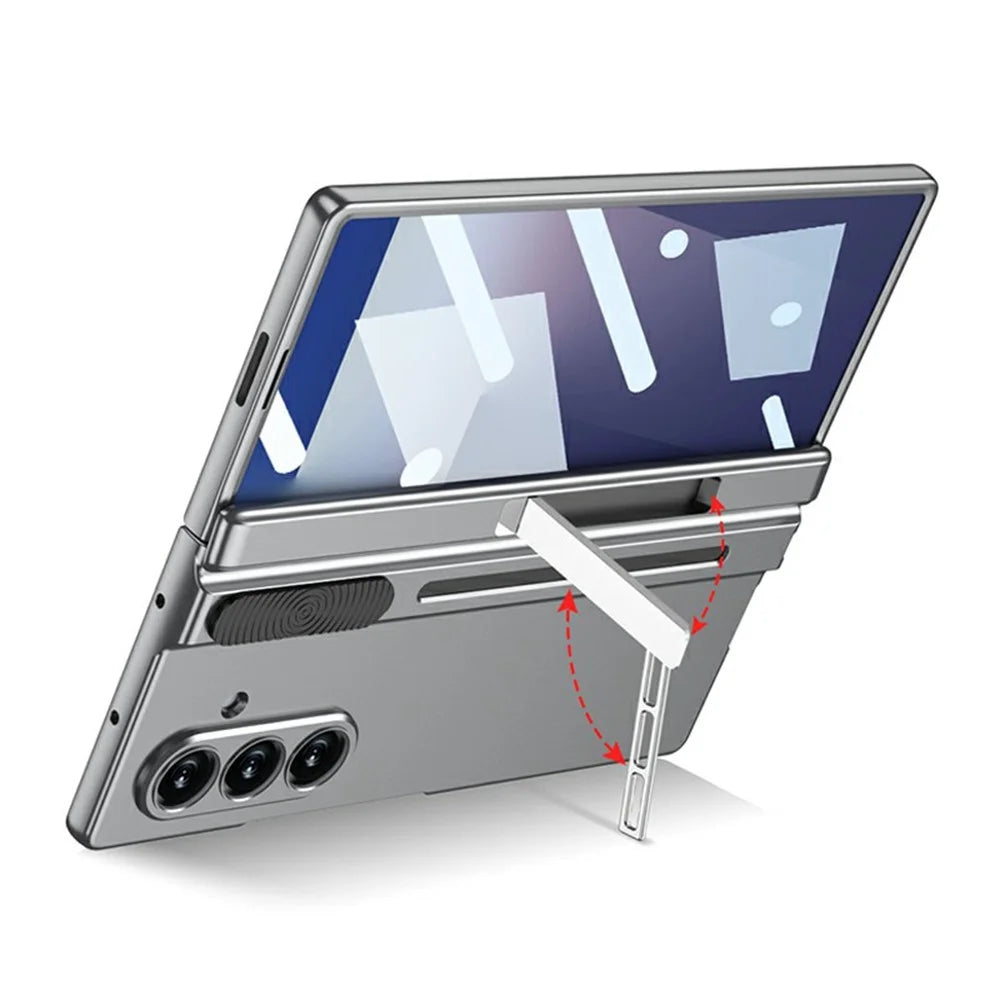 GKK For Samsung Galaxy Z Fold7 5G Case Kickstand Magnetic Hinge PC Phone Cover with Tempered Glass Screen Film / Stylus - Silver / Pink Stylus - 3