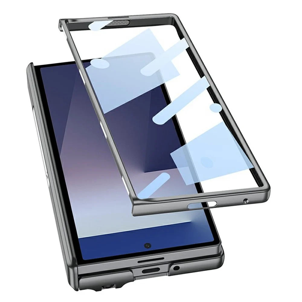 GKK For Samsung Galaxy Z Fold7 5G Case Kickstand Magnetic Hinge PC Phone Cover with Tempered Glass Screen Film / Stylus - Silver / Pink Stylus - 4