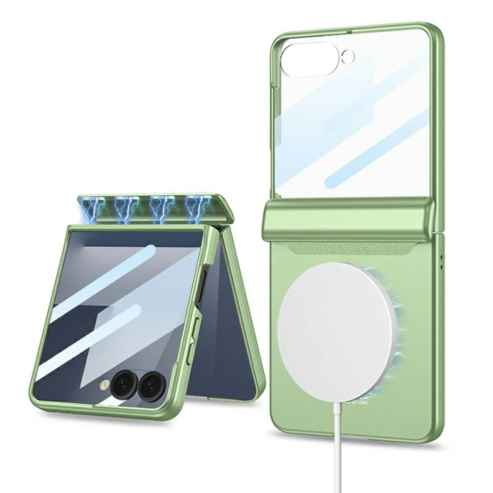 GKK For Samsung Galaxy Z Flip7 5G Magnetic Case Magnetic Hinge PC Phone Cover with Rear Screen Film - Matcha Green - 1