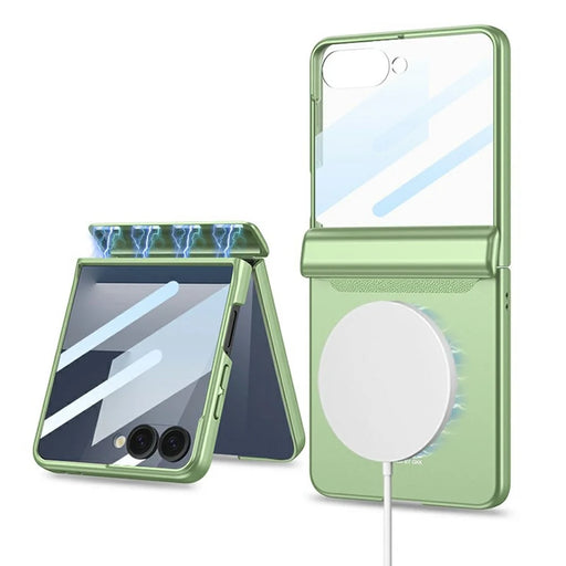 GKK For Samsung Galaxy Z Flip7 5G Magnetic Case Magnetic Hinge PC Phone Cover with Rear Screen Film - Matcha Green - 1