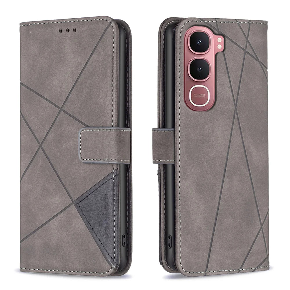 BINFEN COLOR For vivo Y31 5G Phone Case  Wallet Stand Geometry Imprinted Leather Cover - Grey - 1