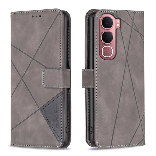 BINFEN COLOR For vivo Y31 5G Phone Case  Wallet Stand Geometry Imprinted Leather Cover - Grey - 1