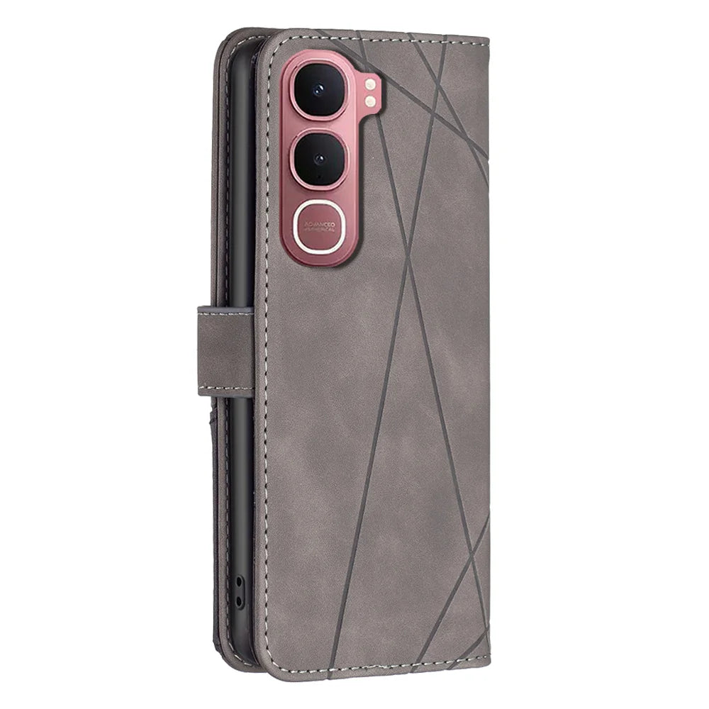 BINFEN COLOR For vivo Y31 5G Phone Case  Wallet Stand Geometry Imprinted Leather Cover - Grey - 3