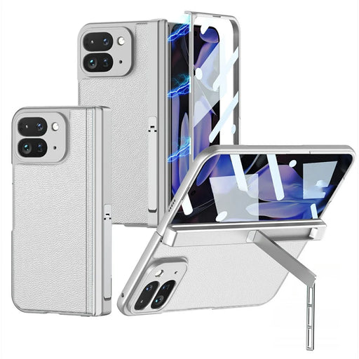 GKK For Google Pixel 10 Pro Fold Case Magnetic Hinge Side Kickstand Leather Coated PC Phone Cover with Tempered Glass Screen Film - Silver - 1