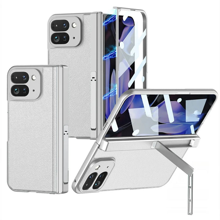 GKK For Google Pixel 10 Pro Fold Case Magnetic Hinge Side Kickstand Leather Coated PC Phone Cover with Tempered Glass Screen Film - Silver - 1