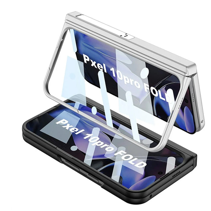 GKK For Google Pixel 10 Pro Fold Case Magnetic Hinge Side Kickstand Leather Coated PC Phone Cover with Tempered Glass Screen Film - Silver - 3
