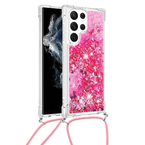 For Samsung Galaxy S23 Ultra TPU Case Quicksand Design Phone Cover with Lanyard - Pink  /  Hearts - 1