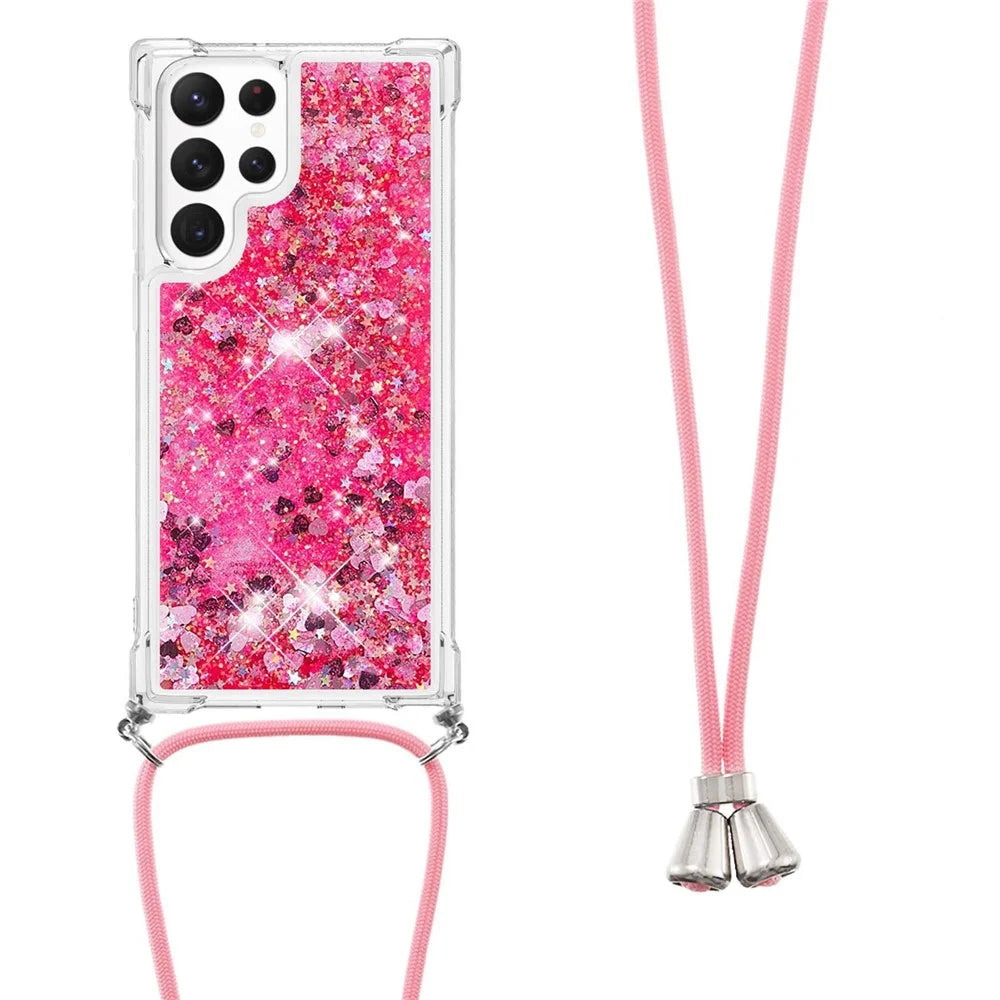 For Samsung Galaxy S23 Ultra TPU Case Quicksand Design Phone Cover with Lanyard - Pink  /  Hearts - 2
