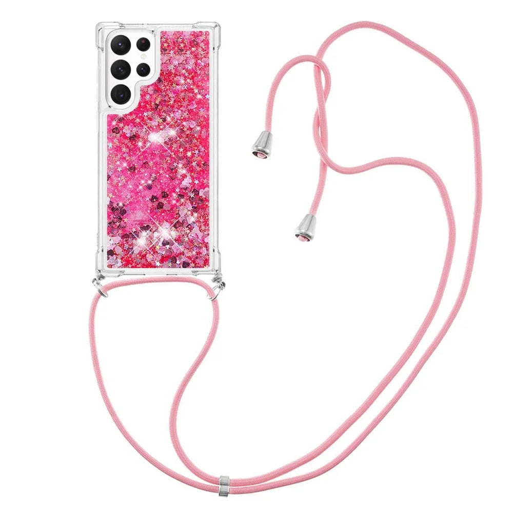 For Samsung Galaxy S23 Ultra TPU Case Quicksand Design Phone Cover with Lanyard - Pink  /  Hearts - 3
