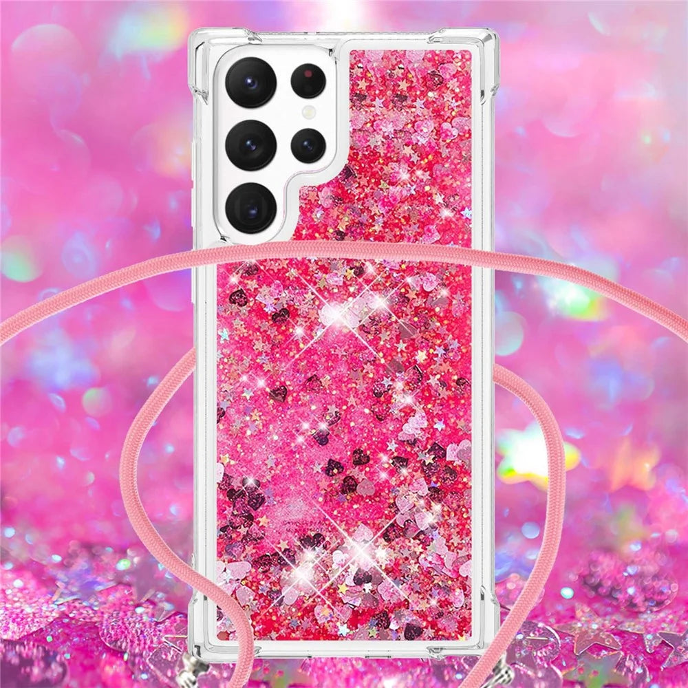 For Samsung Galaxy S23 Ultra TPU Case Quicksand Design Phone Cover with Lanyard - Pink  /  Hearts - 4