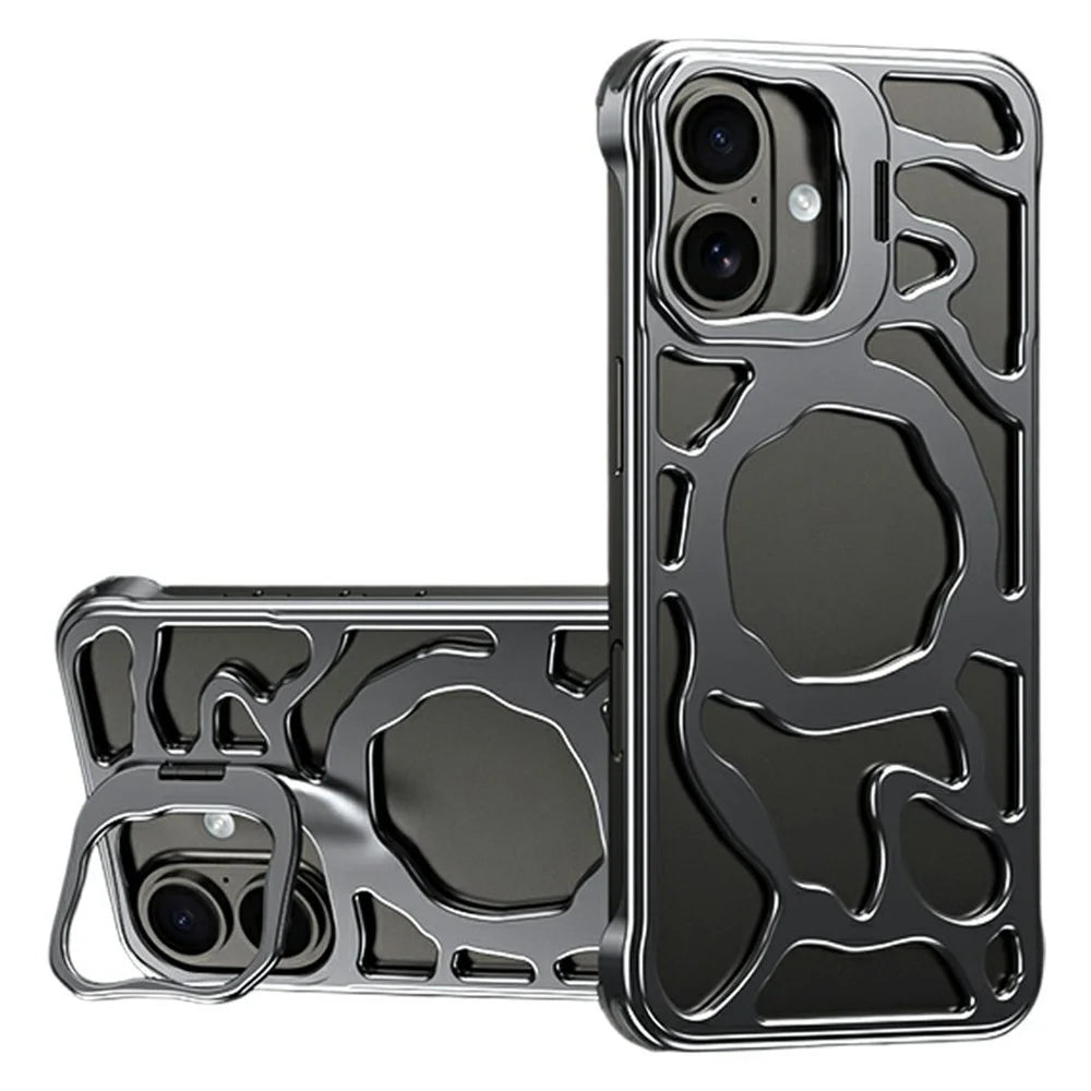 Auspicious Cloud Series For iPhone 17 Hollow Case Aluminum Alloy Kickstand Magnetic Phone Cover - Grey - 1