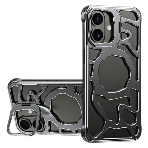 Auspicious Cloud Series For iPhone 17 Hollow Case Aluminum Alloy Kickstand Magnetic Phone Cover - Grey - 1