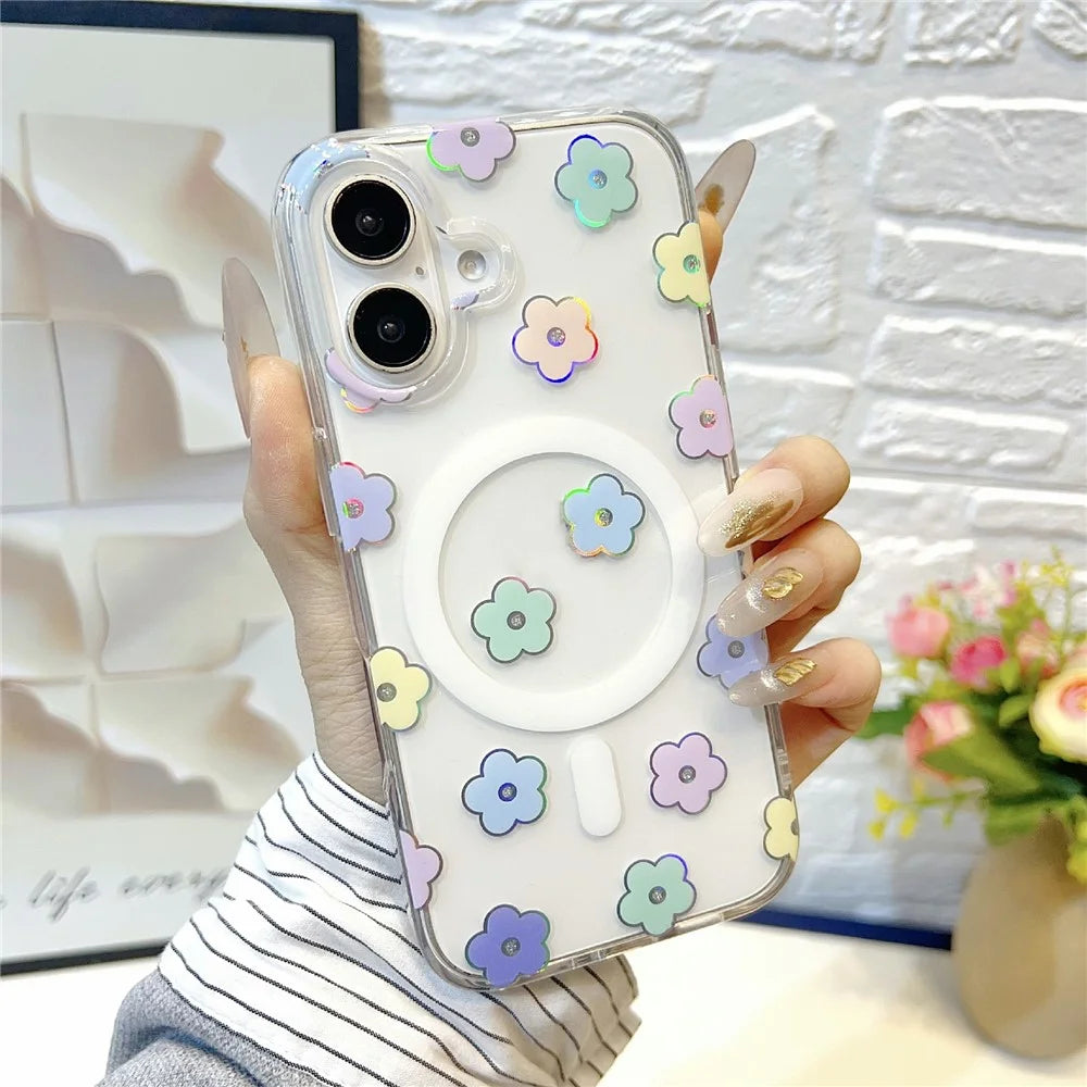 For iPhone 17 Magnetic Case Rhinestone Laser Floral PC + TPU Phone Cover Compatible with MagSafe - Style 1 - 2